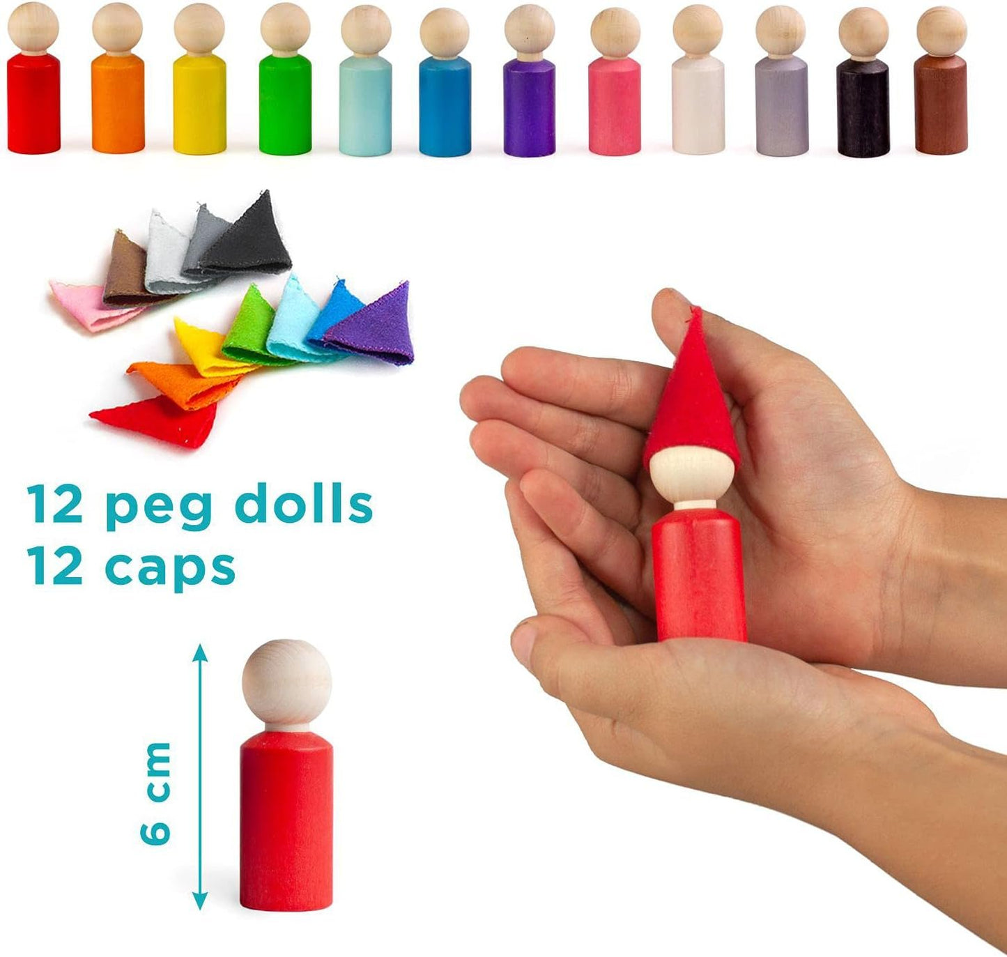 Ulanik Peg Dolls with Hats Toddler Montessori Toys for 3 Year Old + Wooden Waldorf Dolls for Learning Color Sorting and Counting