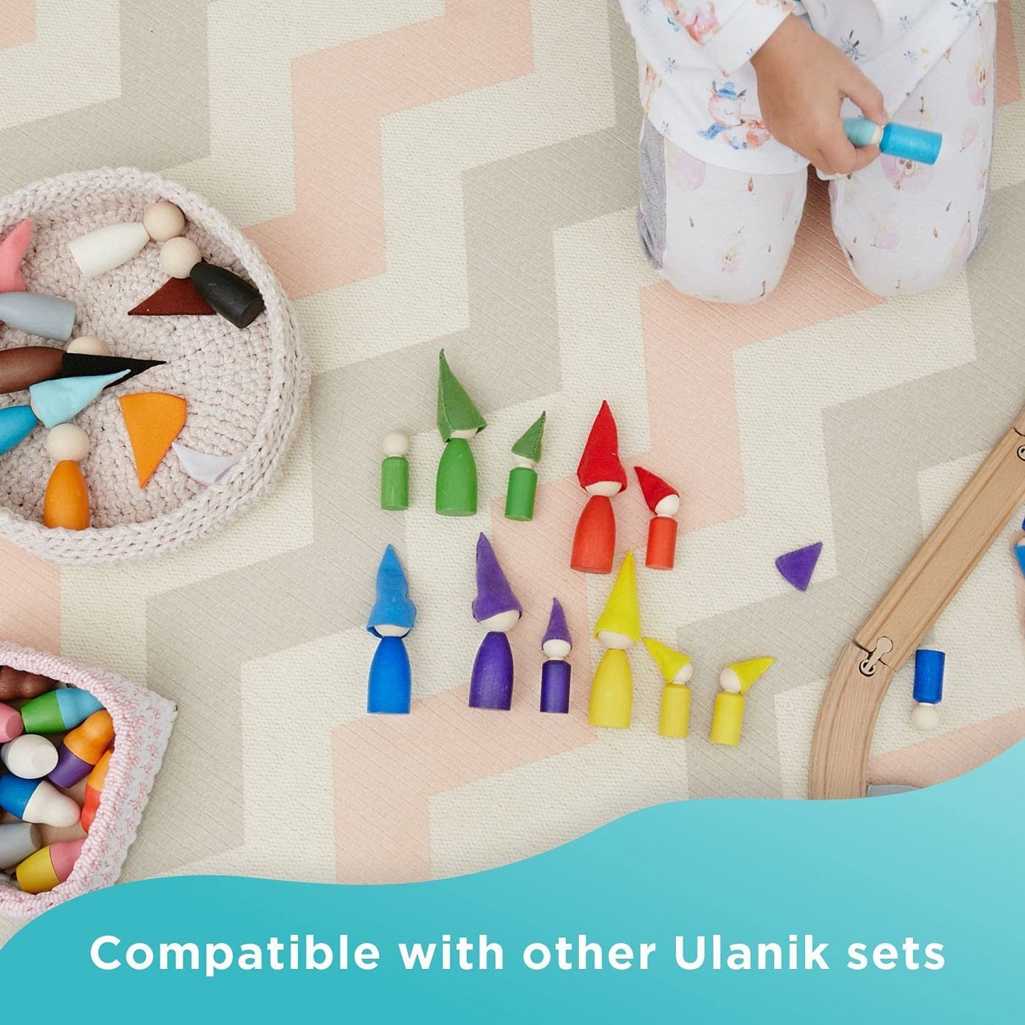 Ulanik Large Peg Dolls with Hats Toddler Montessori Toys for 3+ Wooden Waldorf Dolls for Learning Color Sorting and Counting