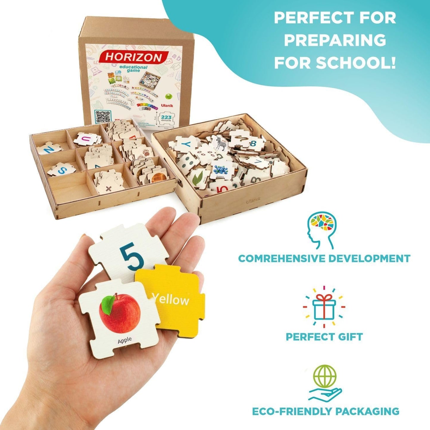 Ulanik Horizon ABC Puzzle Matching Game Toddler Montessori Toys for 3 Year Old + Preschool Wooden Board Games for Kids