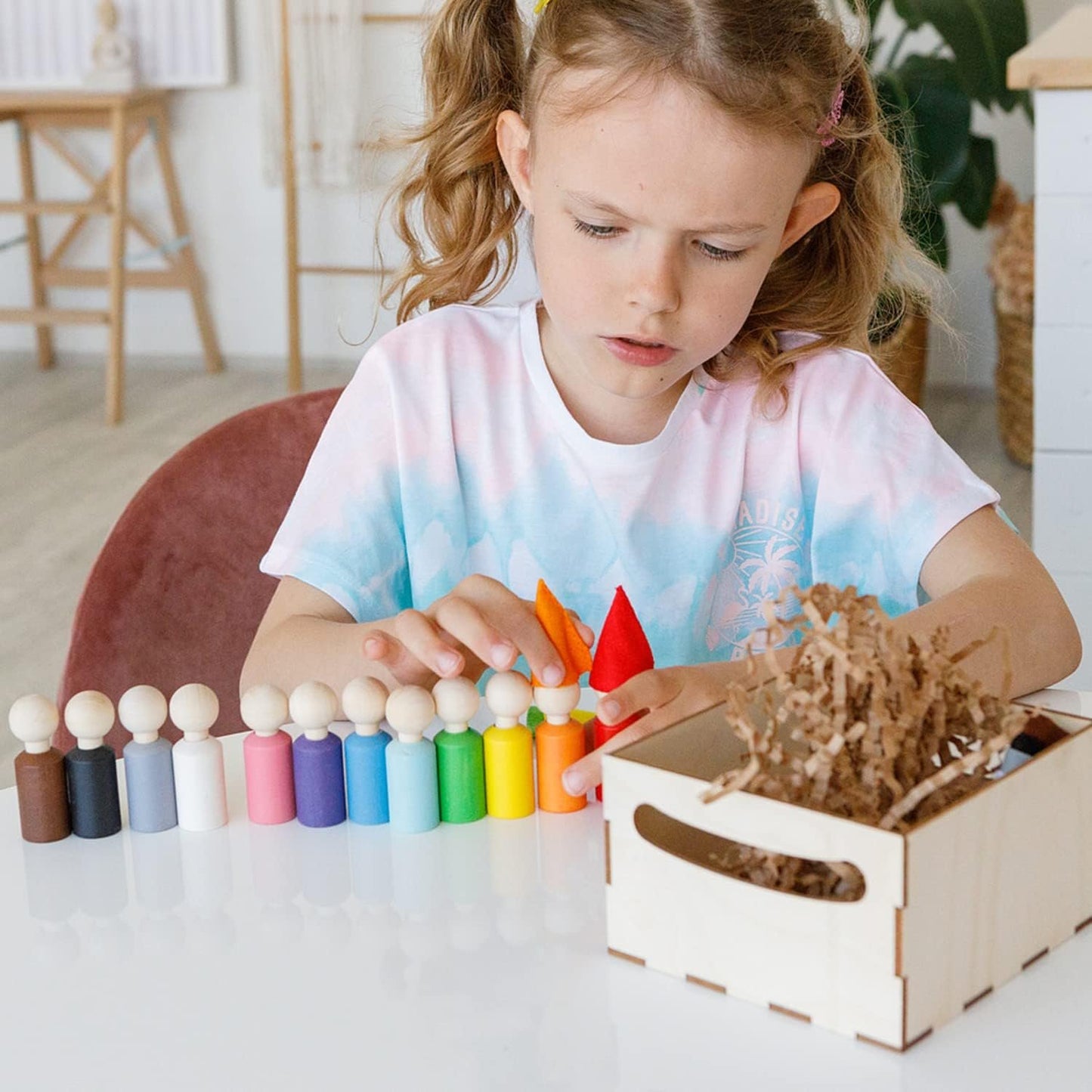 Ulanik Peg Dolls with Hats Toddler Montessori Toys for 3 Year Old + Wooden Waldorf Dolls for Learning Color Sorting and Counting