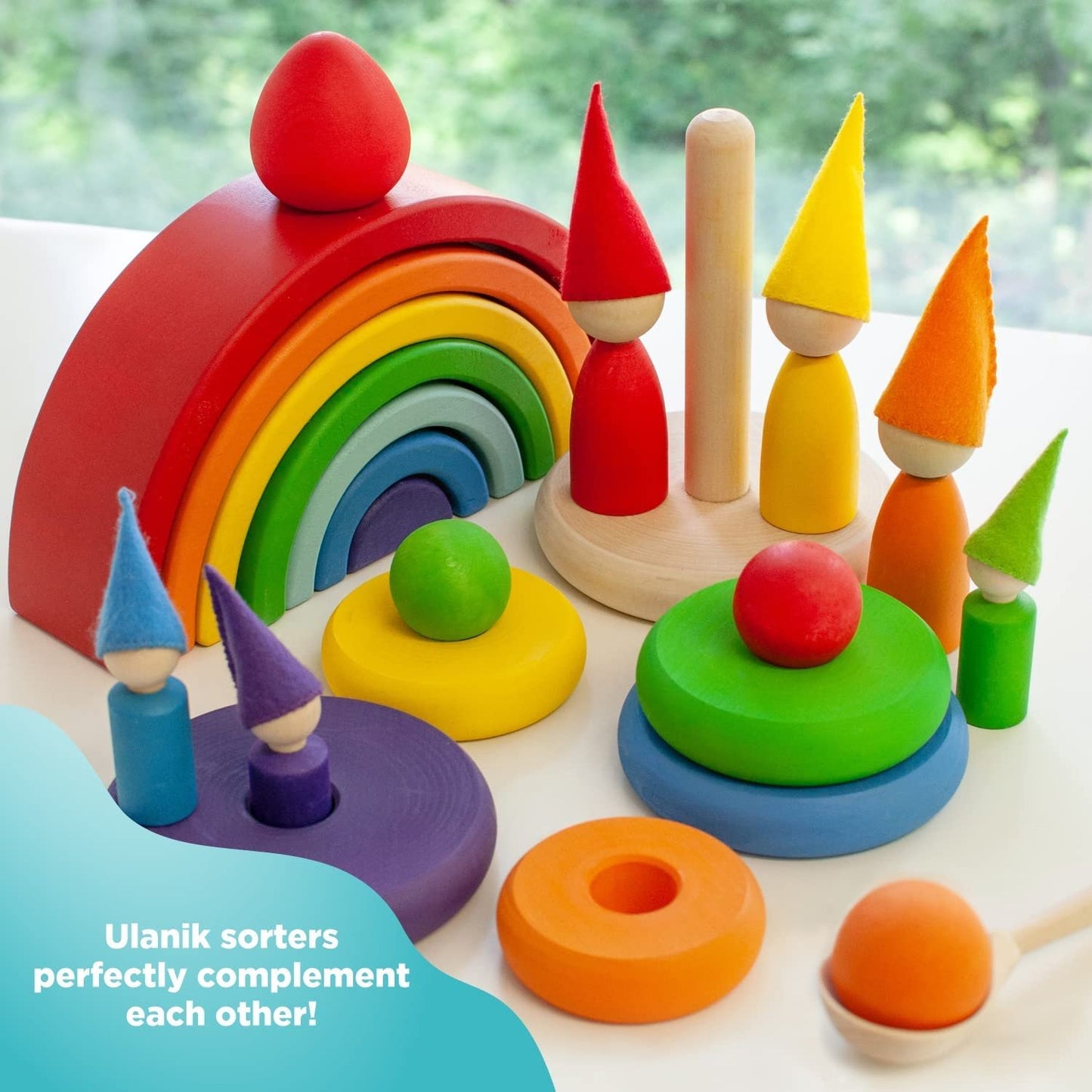 Ulanik Rings Stacker Toddler Montessori Toys for 1 Year Old + Wooden Stacking Rings Rainbow Stacker Game for Color and Size Sorting