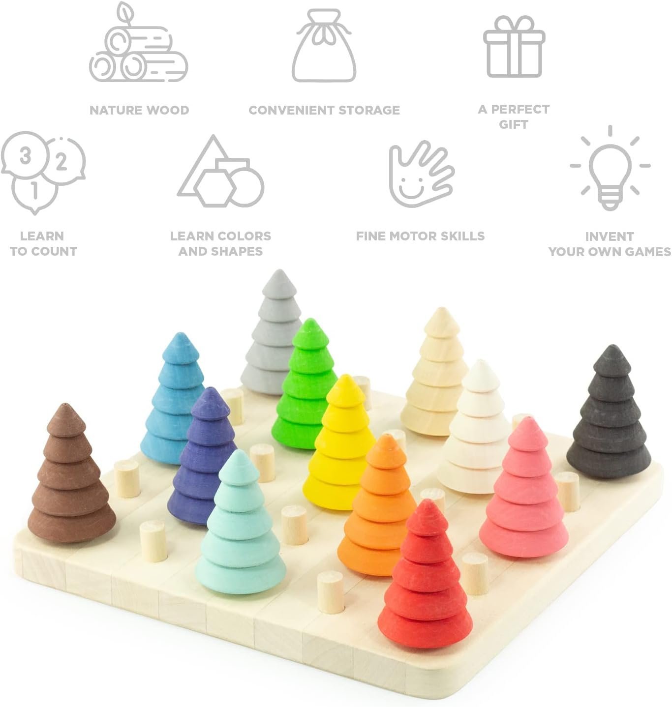 Ulanik Fir Trees on Board Toddler Montessori Toys for 3 Year Old + Wooden Trees Game for Learning Color Sorting and Counting