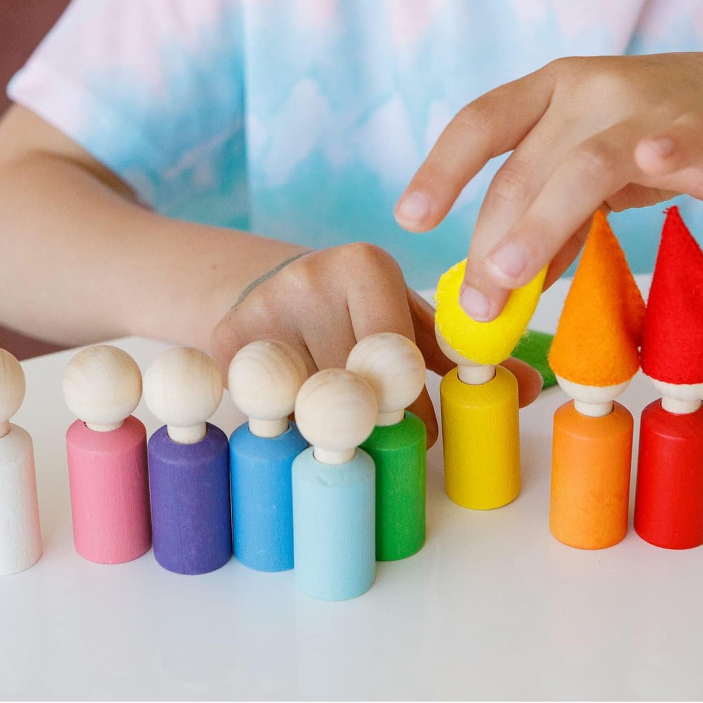 Ulanik Peg Dolls with Hats Toddler Montessori Toys for 3 Year Old + Wooden Waldorf Dolls for Learning Color Sorting and Counting