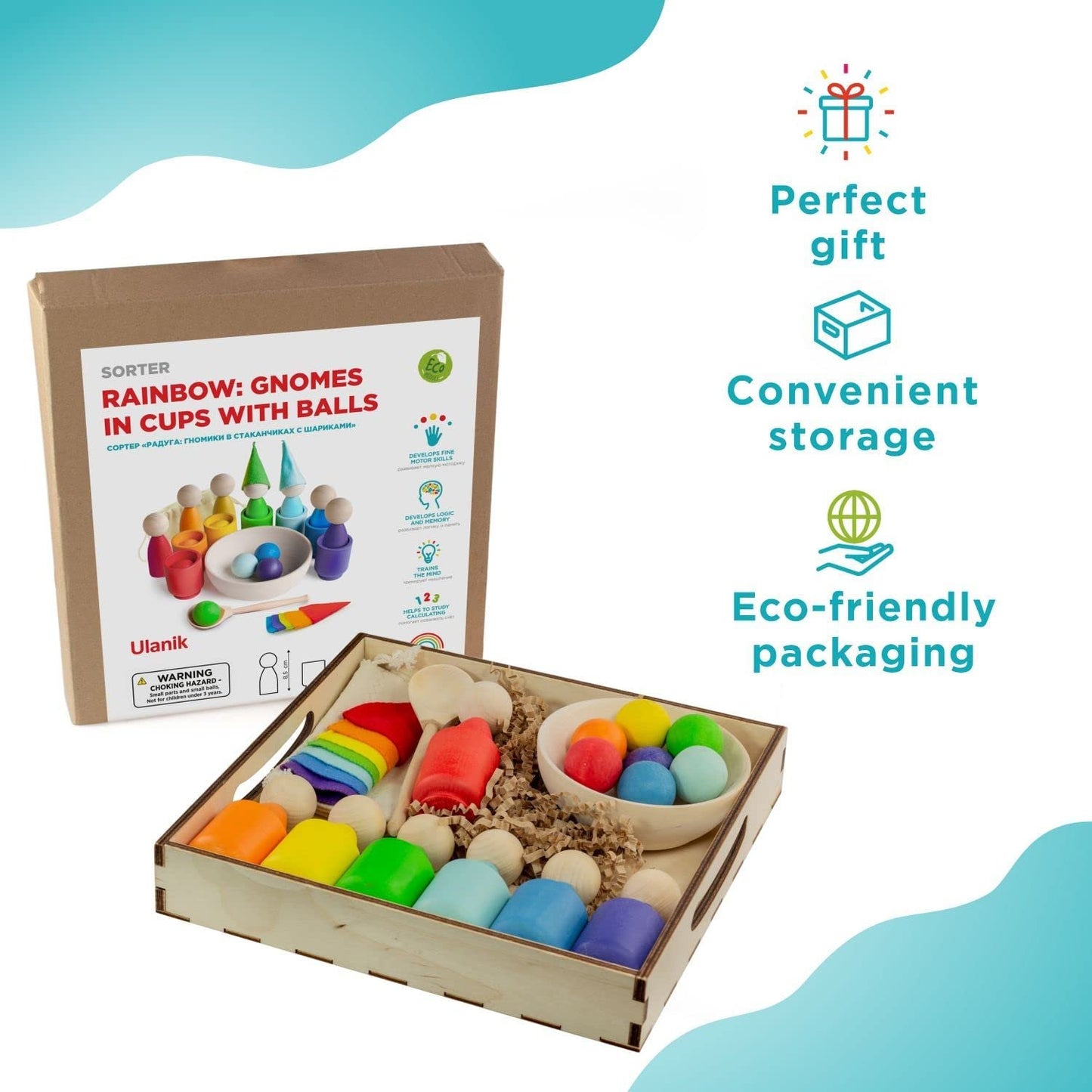 Rainbow Peg Dolls and Balls in Cups 7 Balls 30 mm