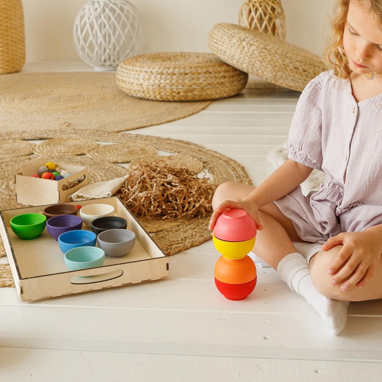 Ulanik Sorting Cups Toddler Montessori Toys for 3+ Year Old Wooden Stacking Game for Learning Color & Counting