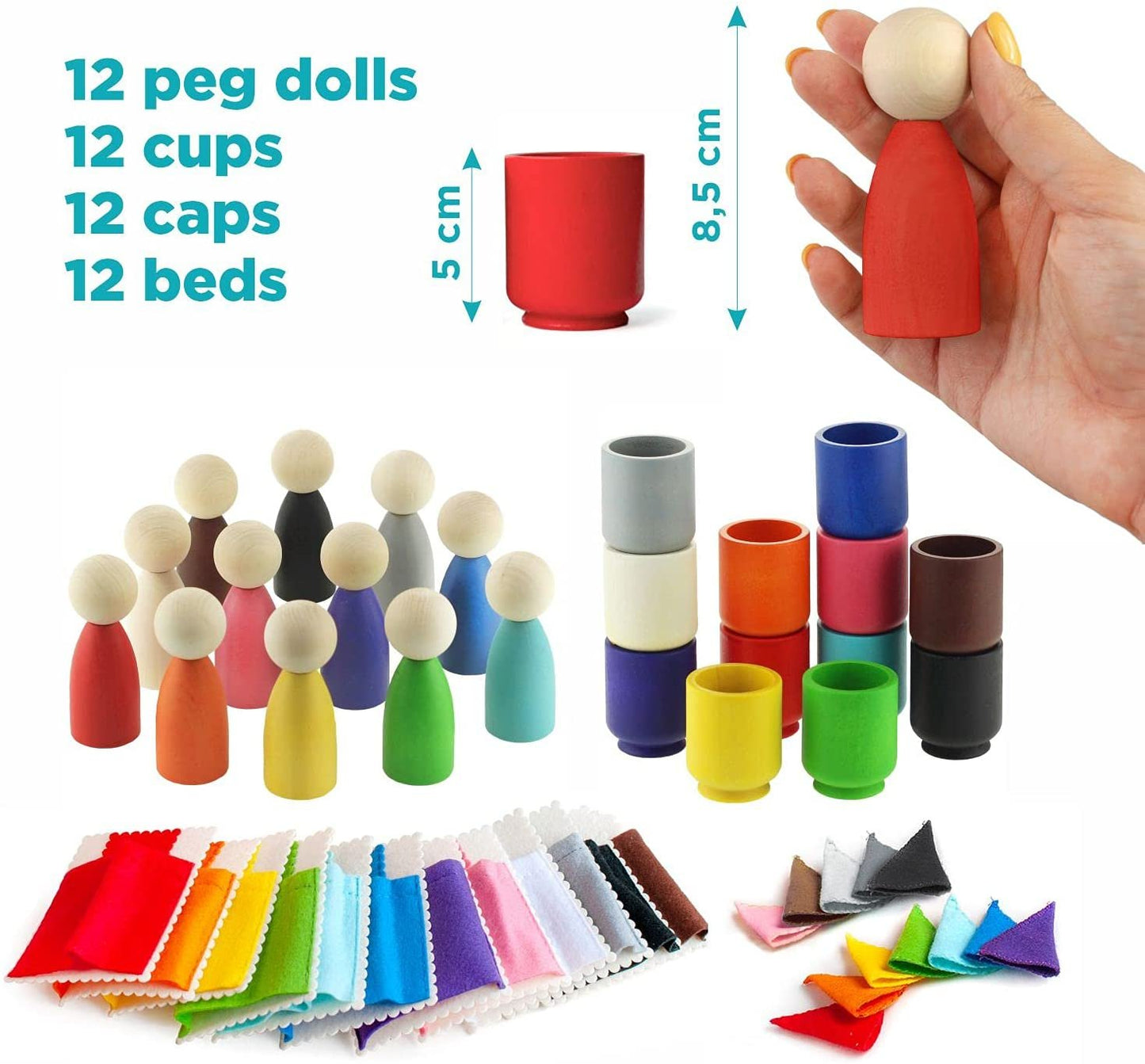 Ulanik Large Peg Dolls in Cups with Hats & Beds Toddler Montessori Toys for 3+ Wooden Waldorf Dolls for Color Sorting & Counting