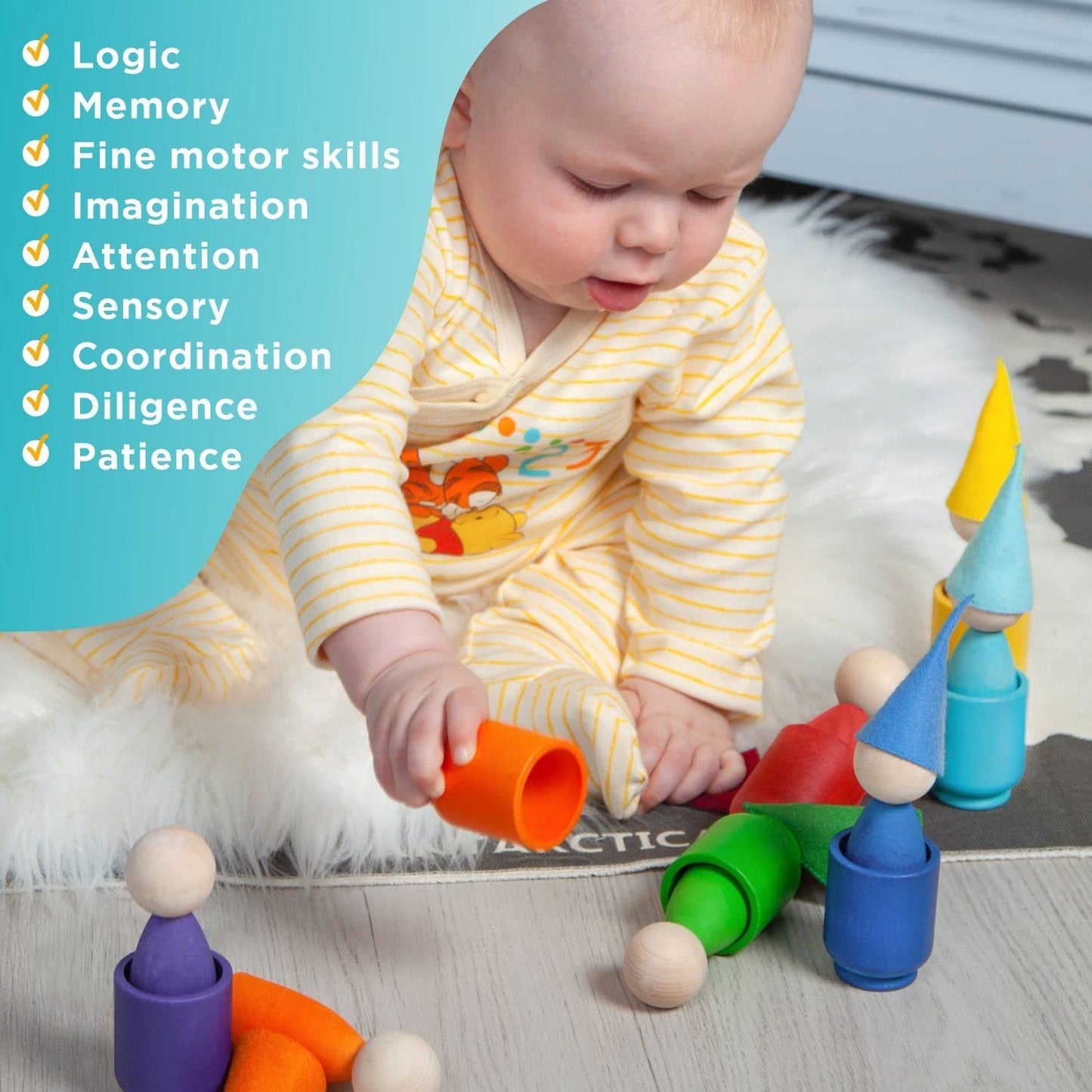Rainbow Peg Dolls and Balls in Cups 7 Balls 30 mm