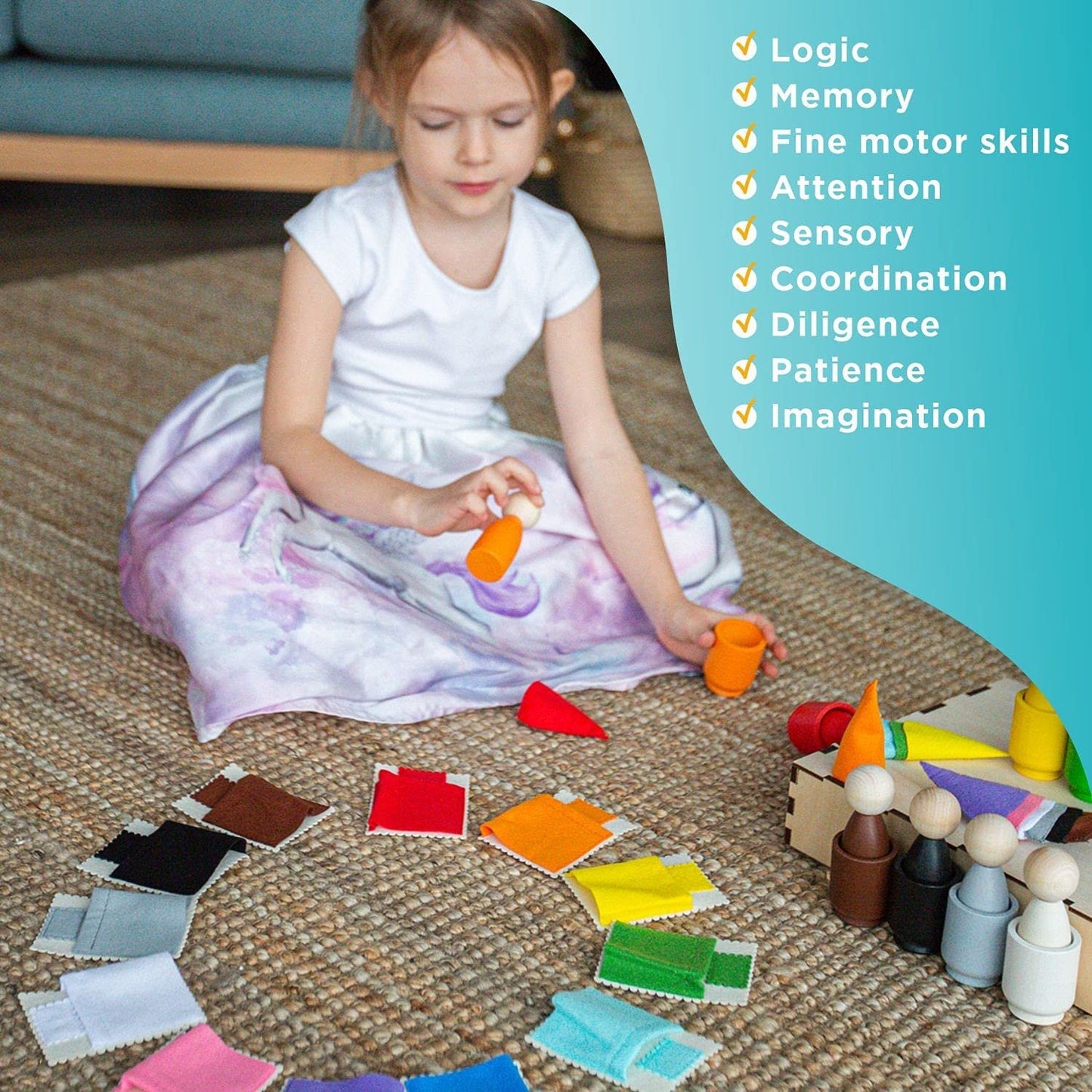 Ulanik Large Peg Dolls in Cups with Hats & Beds Toddler Montessori Toys for 3+ Wooden Waldorf Dolls for Color Sorting & Counting