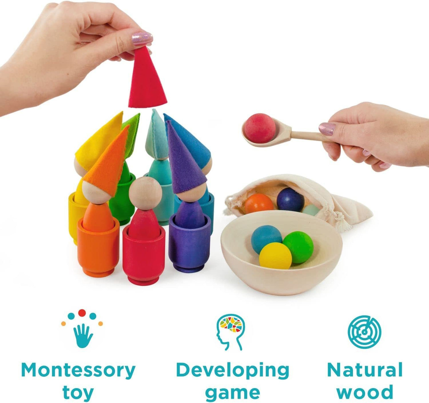 Rainbow Peg Dolls and Balls in Cups 7 Balls 30 mm