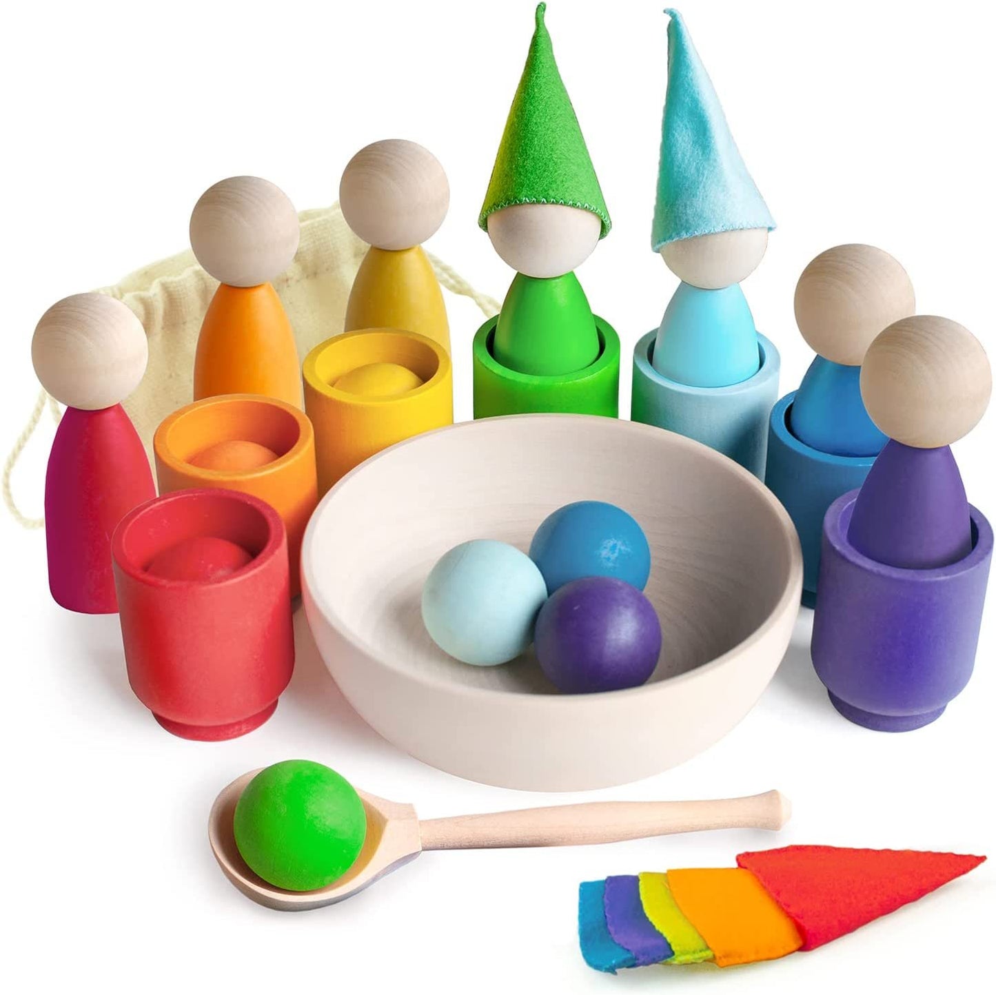 Rainbow Peg Dolls and Balls in Cups 7 Balls 30 mm