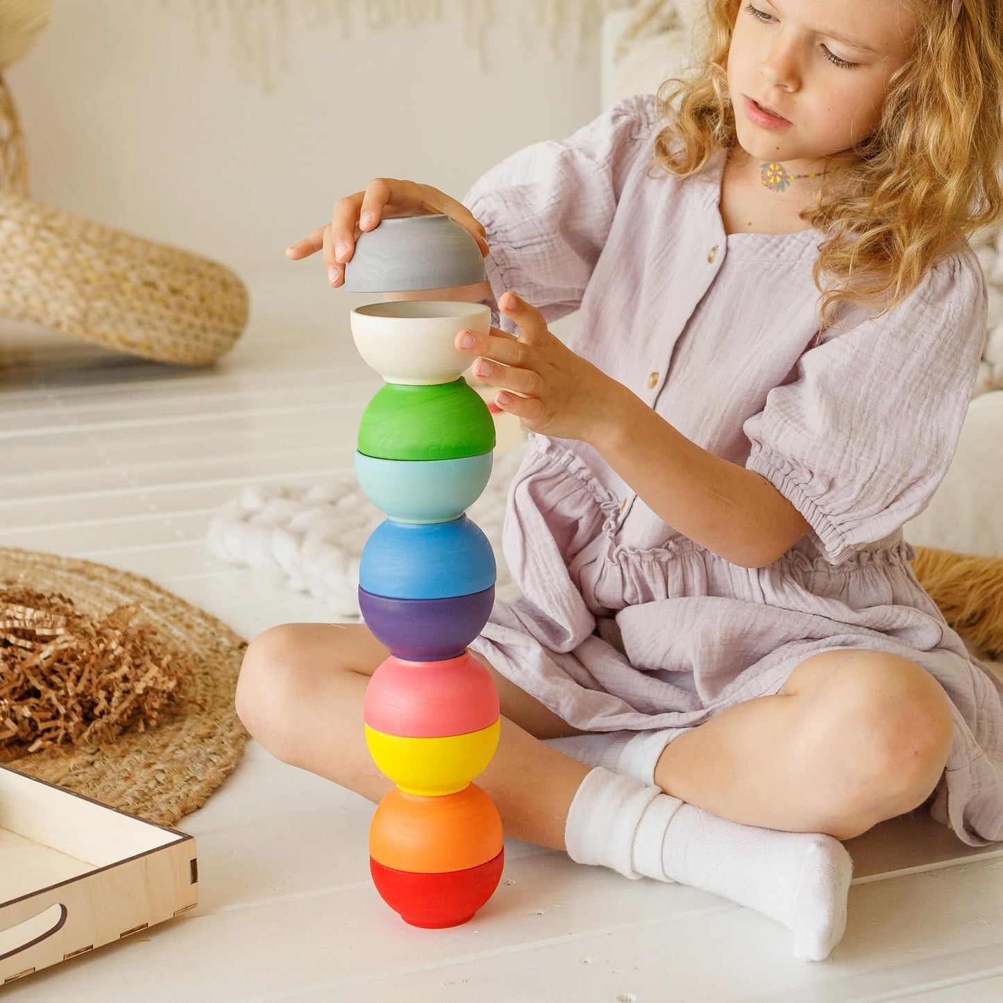 Ulanik Sorting Cups Toddler Montessori Toys for 3+ Year Old Wooden Stacking Game for Learning Color & Counting
