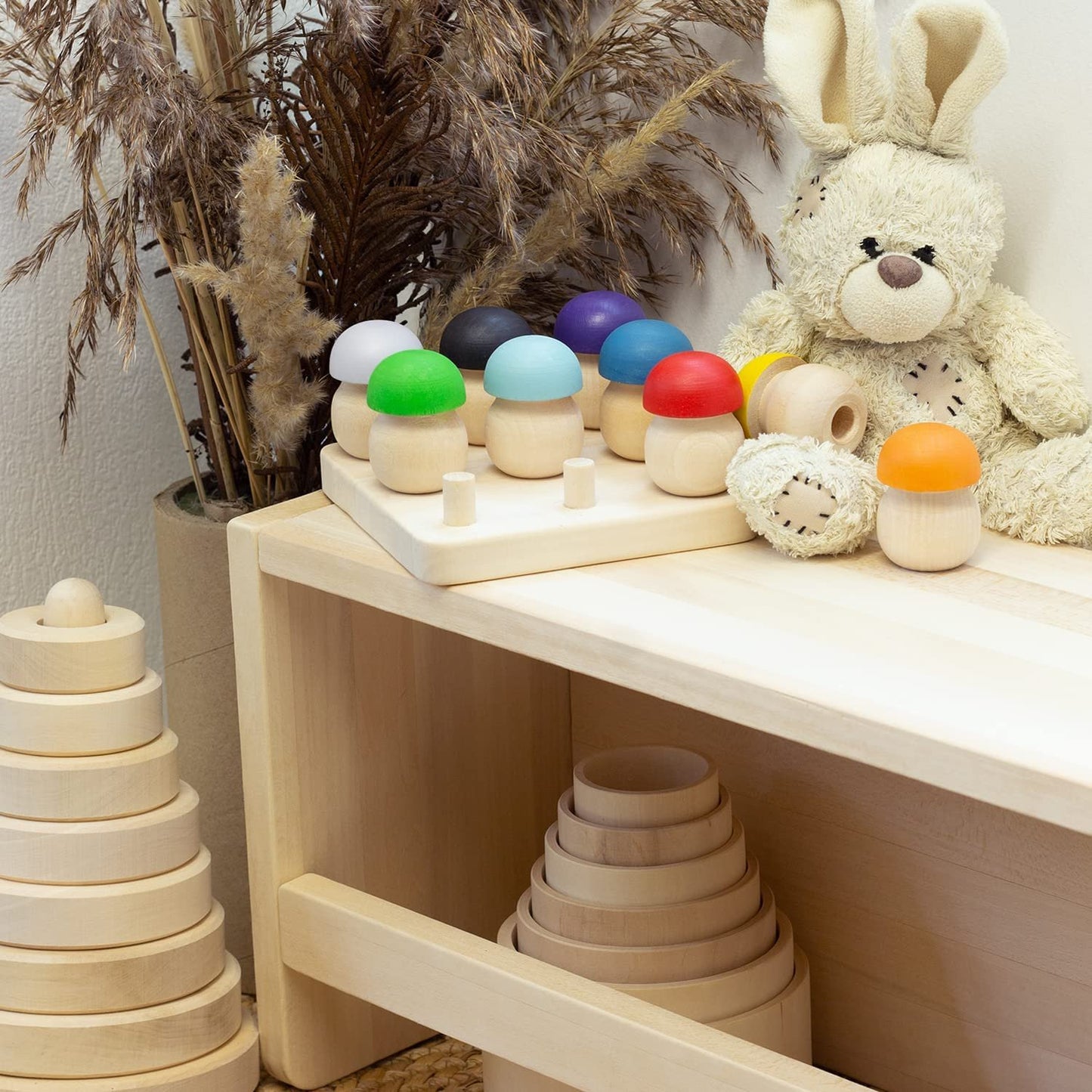 Ulanik Mushroom Glade Toddler Montessori Toys for 3 Year Old + Kids Wooden Mushrooms Game for Learning Color Sorting and Counting