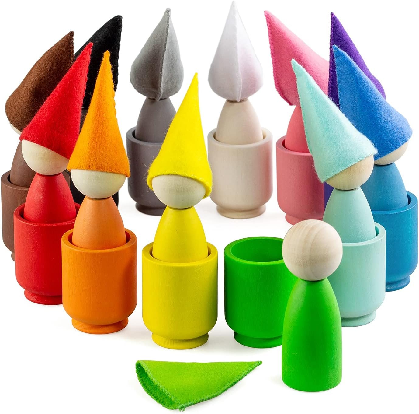 Ulanik Large Peg Dolls in Cups with Hats Toddler Montessori Toys for 3+ Wooden Waldorf Dolls for Learning Color Sorting and Counting