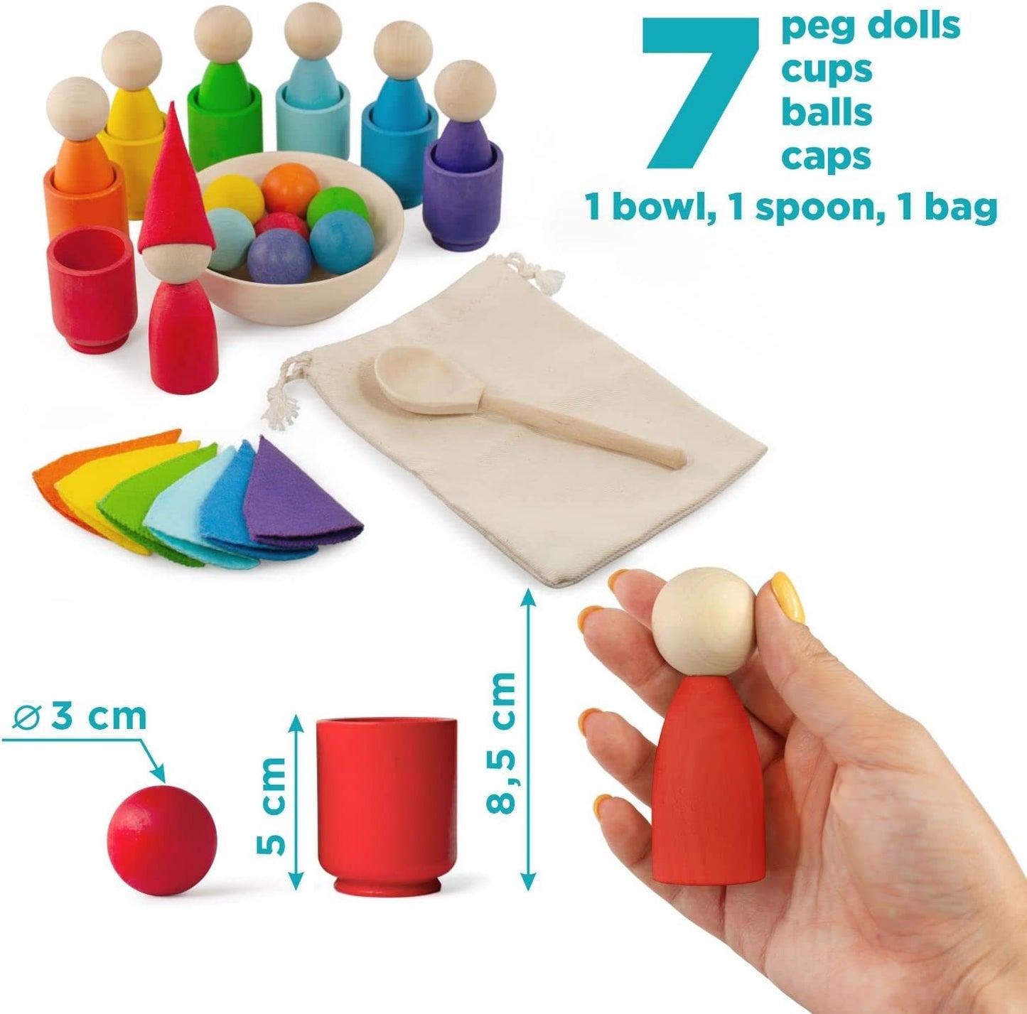 Rainbow Peg Dolls and Balls in Cups 7 Balls 30 mm