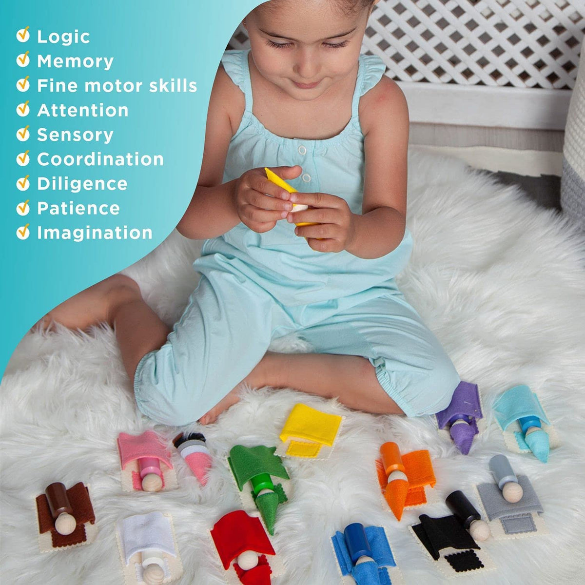 Ulanik Peg Dolls with Hats and Beds Toddler Montessori Toys for 3+ Wooden Waldorf Dolls for Learning Color Sorting and Counting