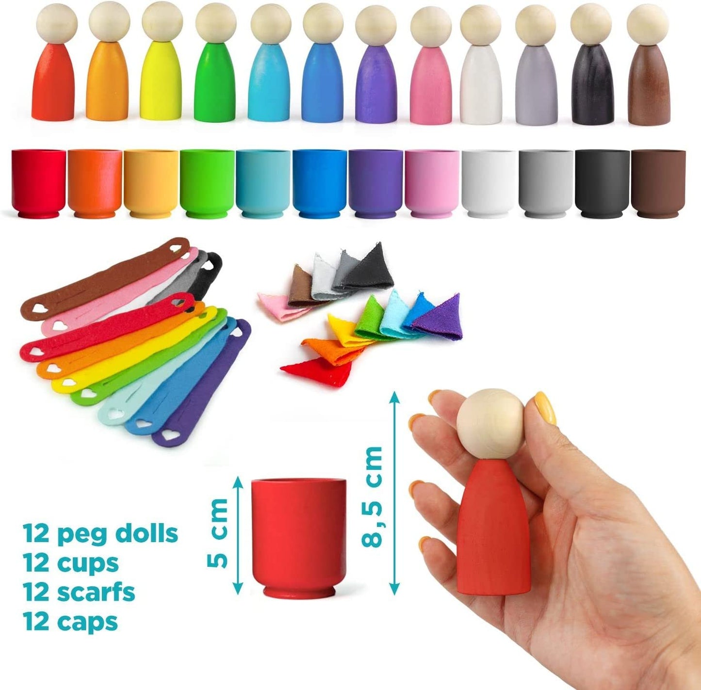 Large Peg Dolls with Cups Scarves and Hats 12 Gnomes 85 mm