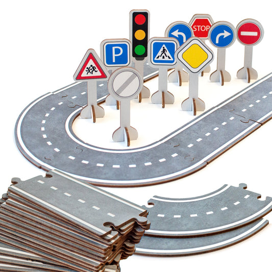 Wooden puzzle road additional elements and traffic signs