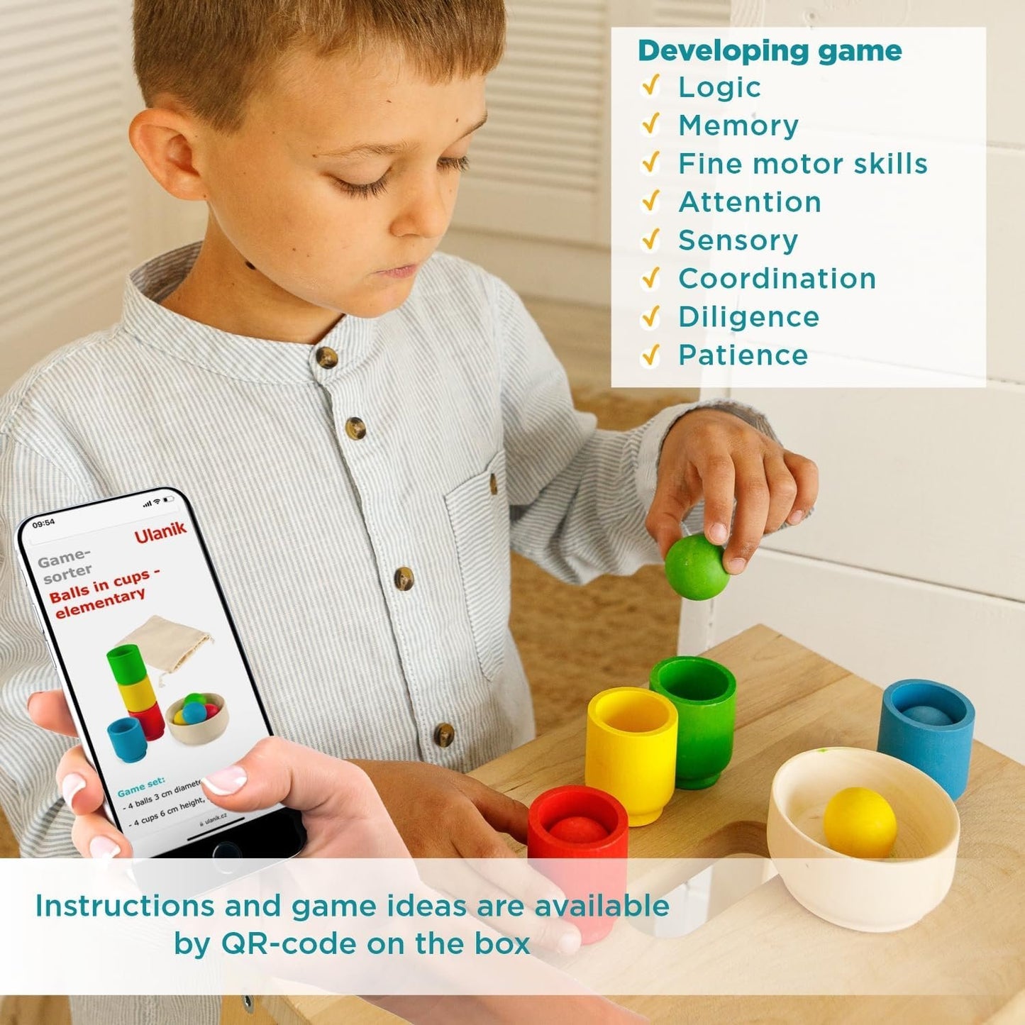 Ulanik Balls in Cups Starter Kit Toddler Montessori Toys for 1+ Wooden Matching Game for Learning Color Sorting and Counting