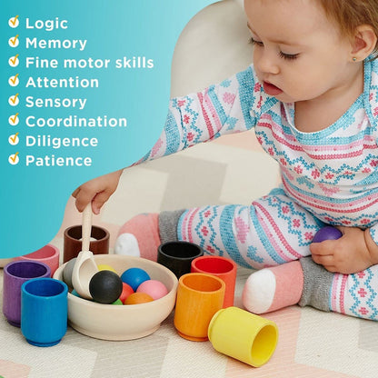 Ulanik Balls in Cups Medium Toddler Montessori Toys for 1+ Year Old Wooden Matching Games for Learning Color Sorting & Counting