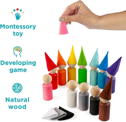 Ulanik Peg Dolls with Hats Toddler Montessori Toys for 3 Year Old + Wooden Waldorf Dolls for Learning Color Sorting and Counting