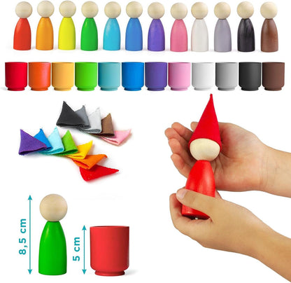 Ulanik Large Peg Dolls in Cups with Hats Toddler Montessori Toys for 3+ Wooden Waldorf Dolls for Learning Color Sorting and Counting