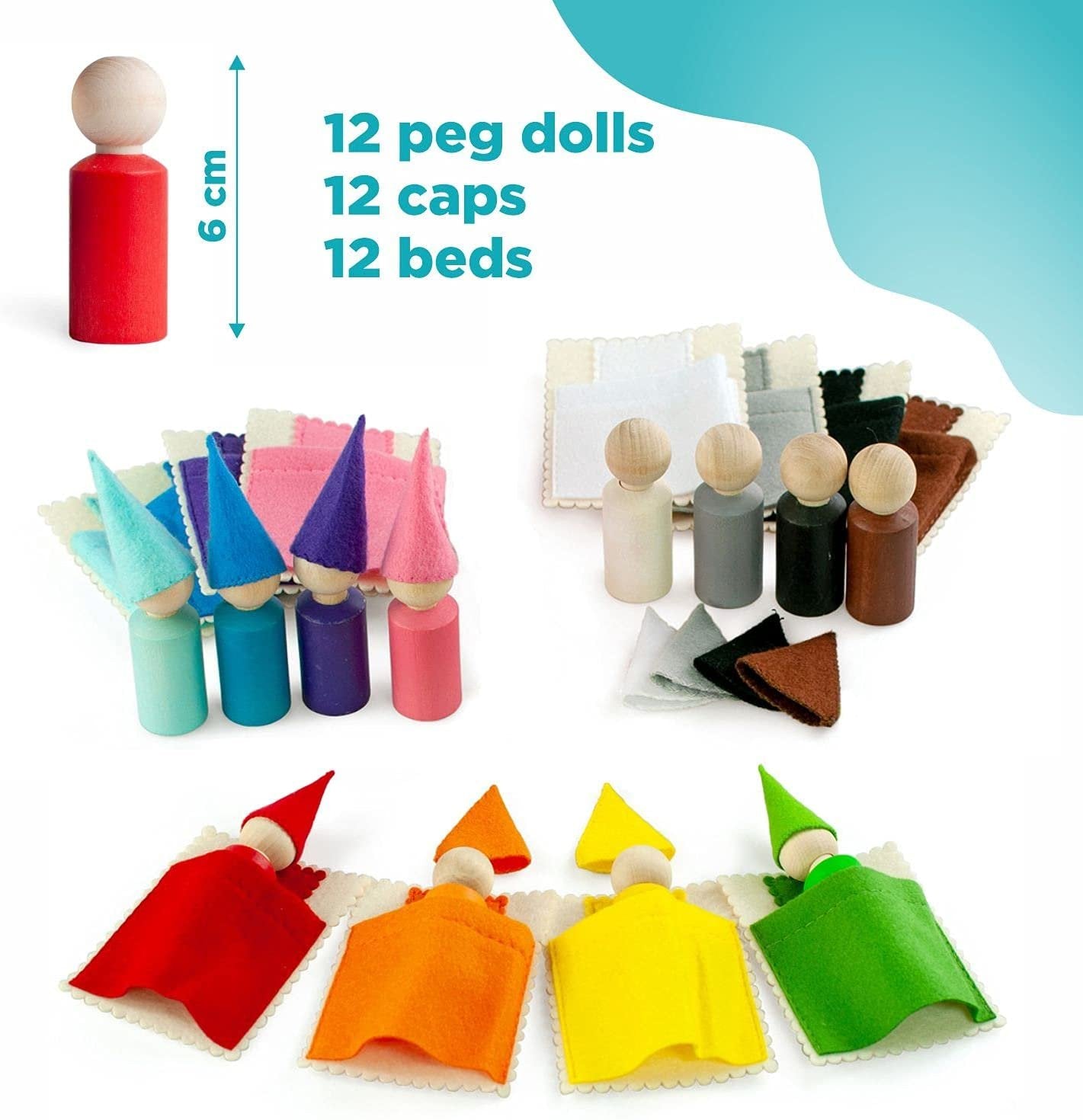 Peg Dolls with Hats and Beds 12 Gnomes 60 mm
