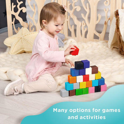 Ulanik Large Colored Cubes Toddler Montessori Toys for 3+ Wooden Building Blocks Game for Learning Color Sorting and Counting