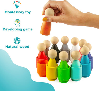 Ulanik Large Peg Dolls in Cups Toddler Montessori Toys for 3+ Wooden Waldorf Dolls for Learning Color Sorting and Counting