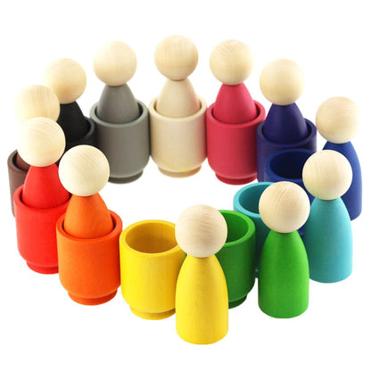 Ulanik Large Peg Dolls in Cups Toddler Montessori Toys for 3+ Wooden Waldorf Dolls for Learning Color Sorting and Counting