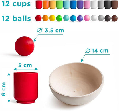 Ulanik Balls in Cups Medium Toddler Montessori Toys for 1+ Year Old Wooden Matching Games for Learning Color Sorting & Counting