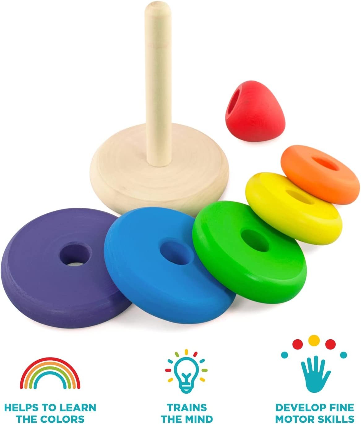 Ulanik Rings Stacker Montessori Toy Wooden Stacking Rings Rainbow Stacker Game 5 pcs 17 cm Age 1+ Preschool Learning Education