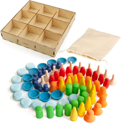Ulanik Rainbow Patterns Building Set Wooden Montessori Toy Sorter Game 80 Figurines Age 3+ Color Sorting and Counting Preschool Learning Education