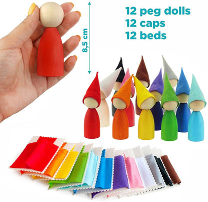 Ulanik Large Peg Dolls with Hats and Beds Toddler Montessori Toys for 3+ Wooden Waldorf Dolls for Color Sorting and Counting