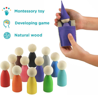 Ulanik Large Peg Dolls with Hats and Beds Toddler Montessori Toys for 3+ Wooden Waldorf Dolls for Color Sorting and Counting