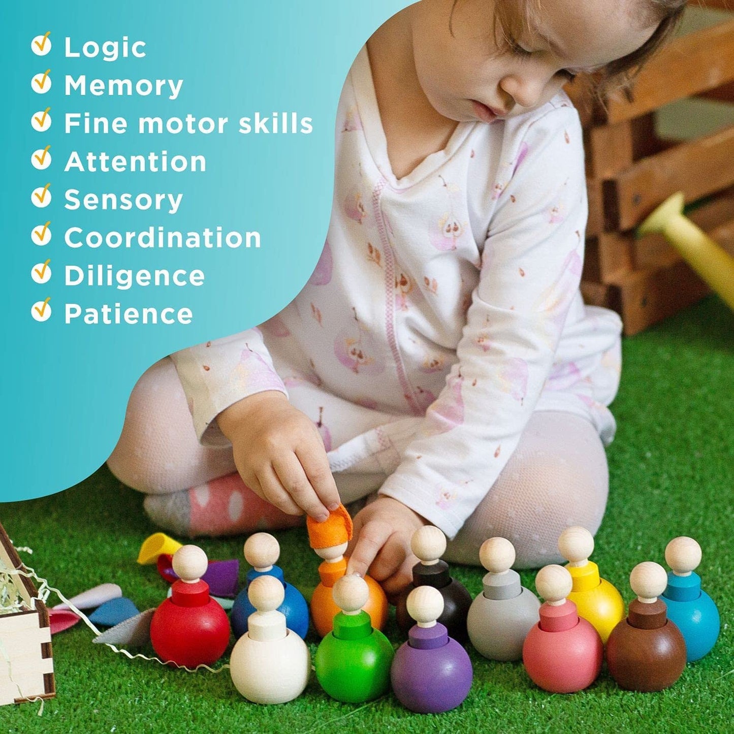 Ulanik Peg Dolls in Balls with Hats & Beds Toddler Montessori Toys for 3+ Wooden Waldorf Dolls for Learning Color Sorting & Counting