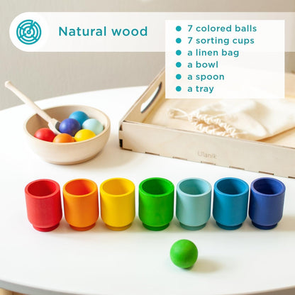 Ulanik Rainbow Balls in Cups Toddler Montessori Toys for 1+ Wooden Matching Game for Learning Color Sorting and Counting