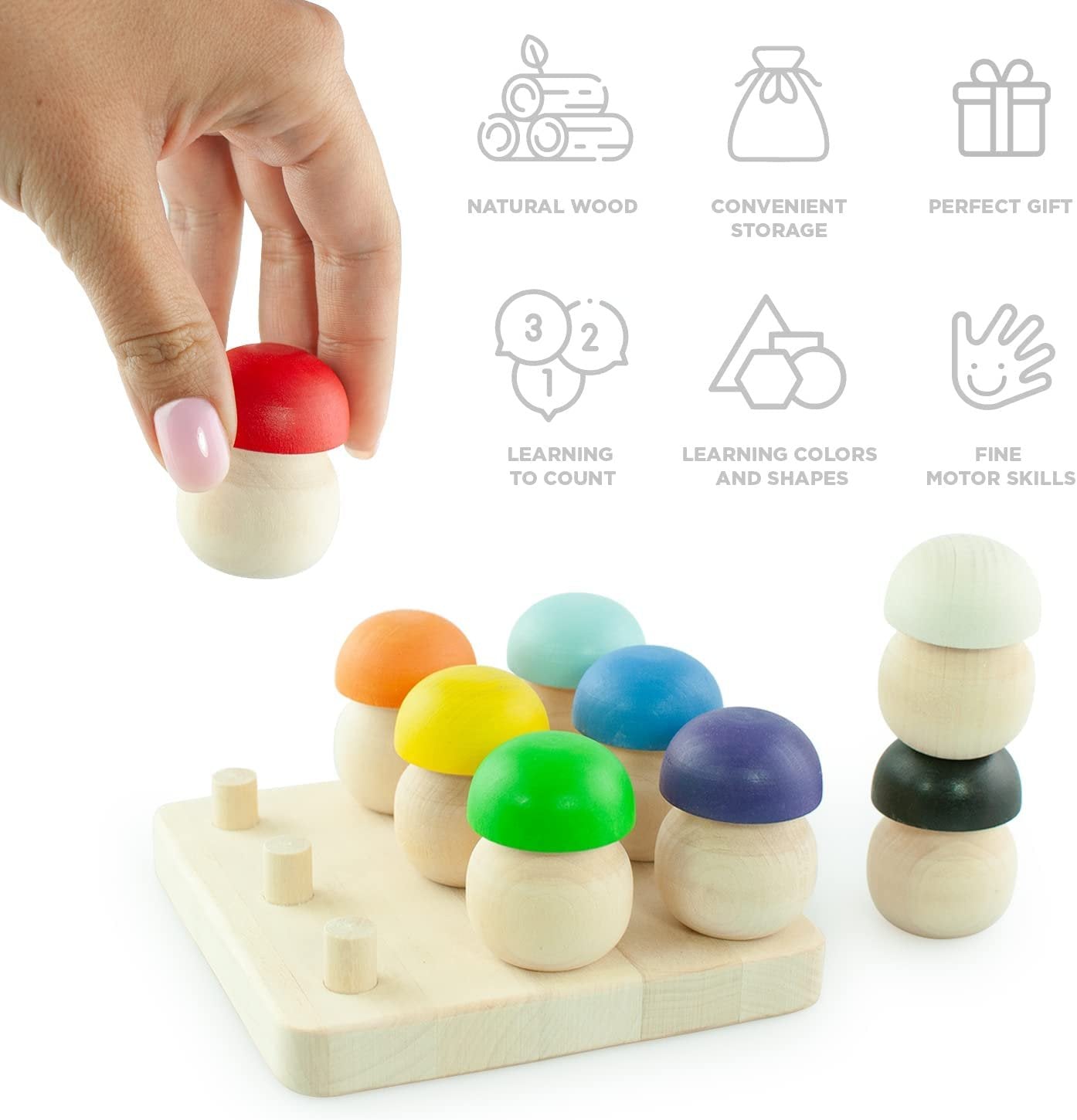 Ulanik Mushroom Glade Toddler Montessori Toys for 3 Year Old + Kids Wooden Mushrooms Game for Learning Color Sorting and Counting