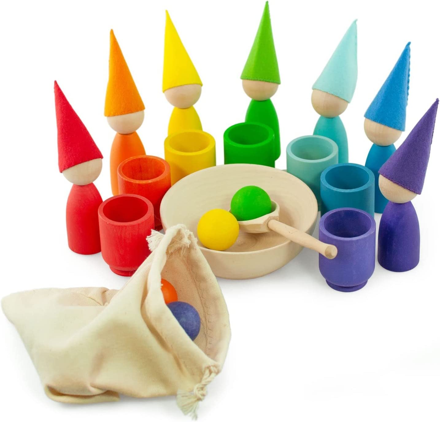 Rainbow Peg Dolls and Balls in Cups 7 Balls 30 mm