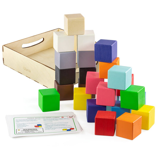 Ulanik Large Colored Cubes Toddler Montessori Toys for 3+ Wooden Building Blocks Game for Learning Color Sorting and Counting