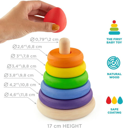 Ulanik Rings Stacker Montessori Toy Wooden Stacking Rings Rainbow Stacker Game 5 pcs 17 cm Age 1+ Preschool Learning Education