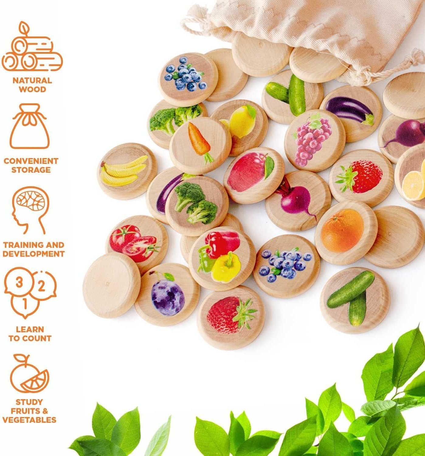 Ulanik Fruits and Vegetables Matching Memory Game for Toddlers Age 3 + Wooden Board Games for Kids 4-8 Learning & Education
