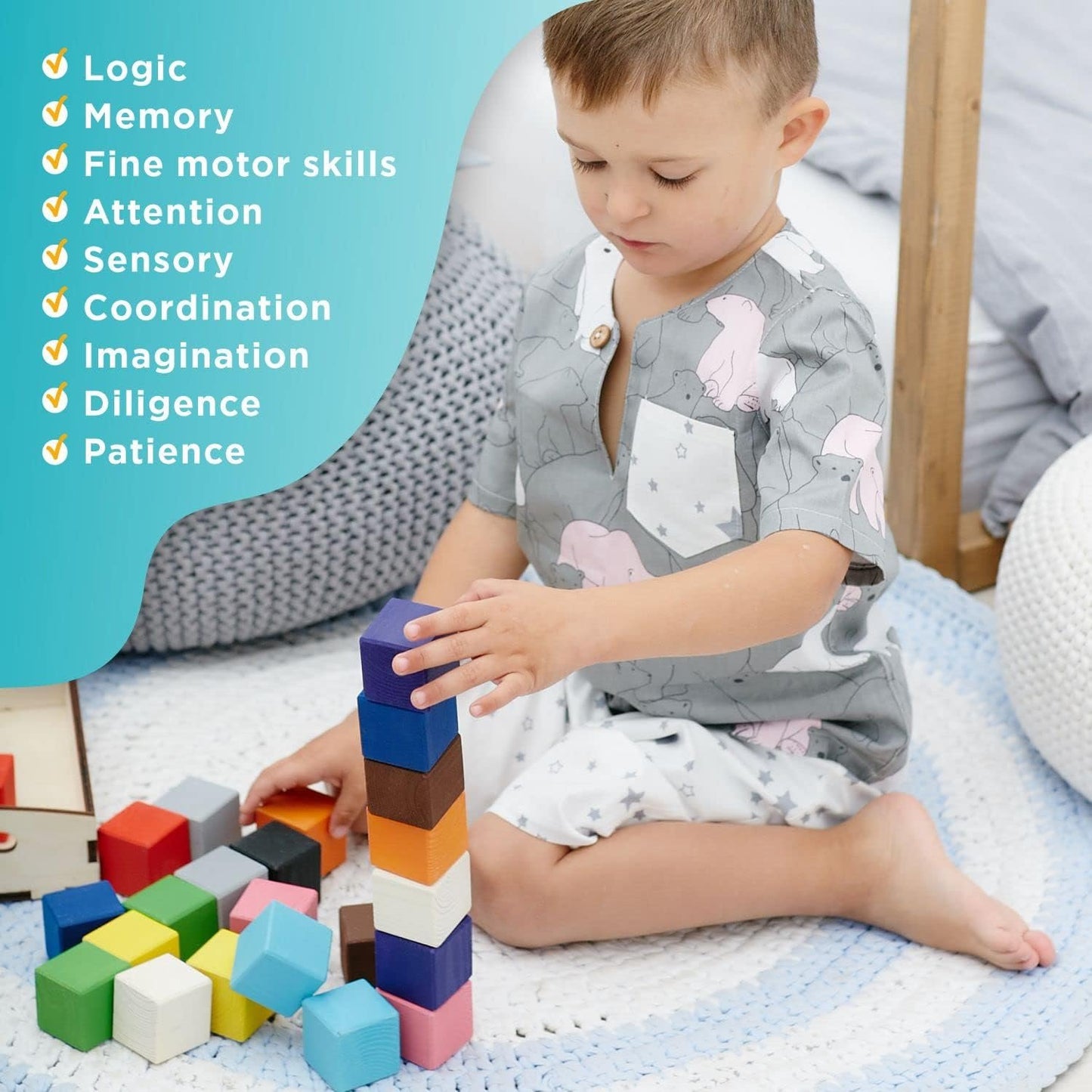 Ulanik Large Colored Cubes Toddler Montessori Toys for 3+ Wooden Building Blocks Game for Learning Color Sorting and Counting