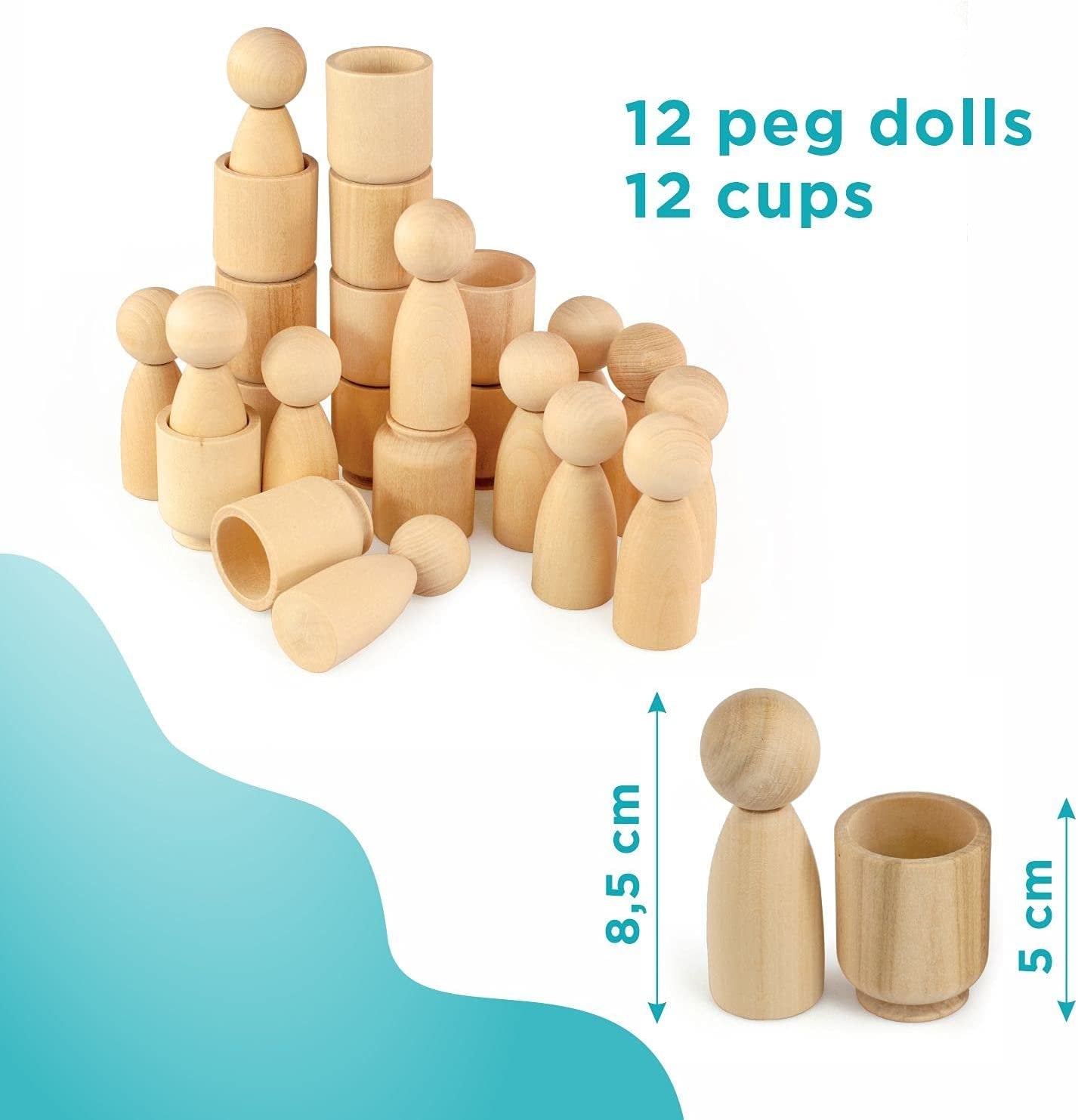 Ulanik Large Peg Dolls in Cups Toddler Montessori Toys for 3+ Wooden Waldorf Dolls for Learning Sorting and Counting & DIY