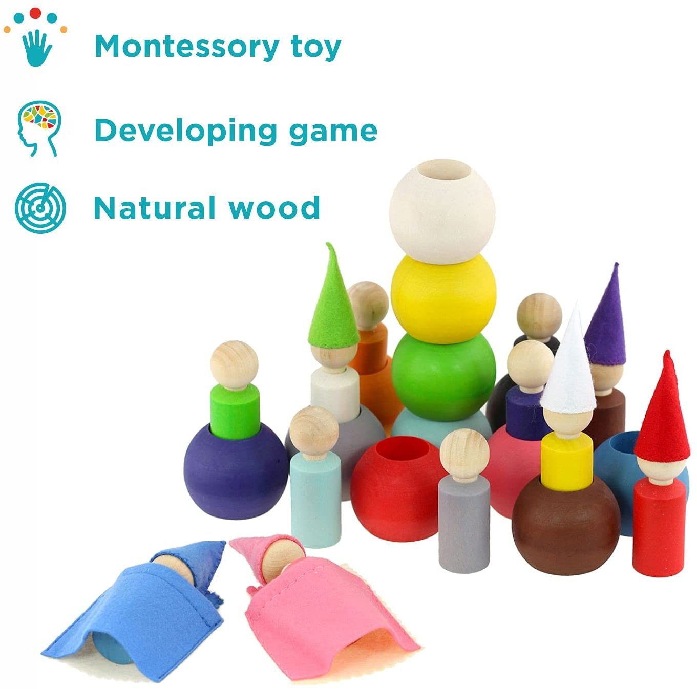 Ulanik Peg Dolls in Balls with Hats & Beds Toddler Montessori Toys for 3+ Wooden Waldorf Dolls for Learning Color Sorting & Counting