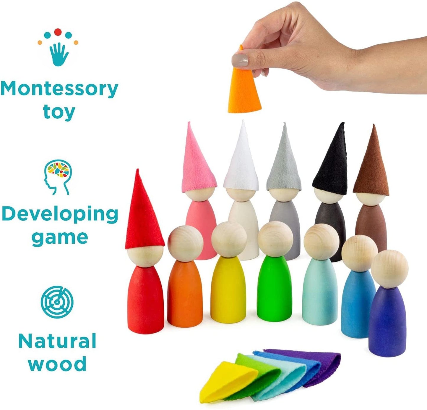 Ulanik Large Peg Dolls with Hats Toddler Montessori Toys for 3+ Wooden Waldorf Dolls for Learning Color Sorting and Counting
